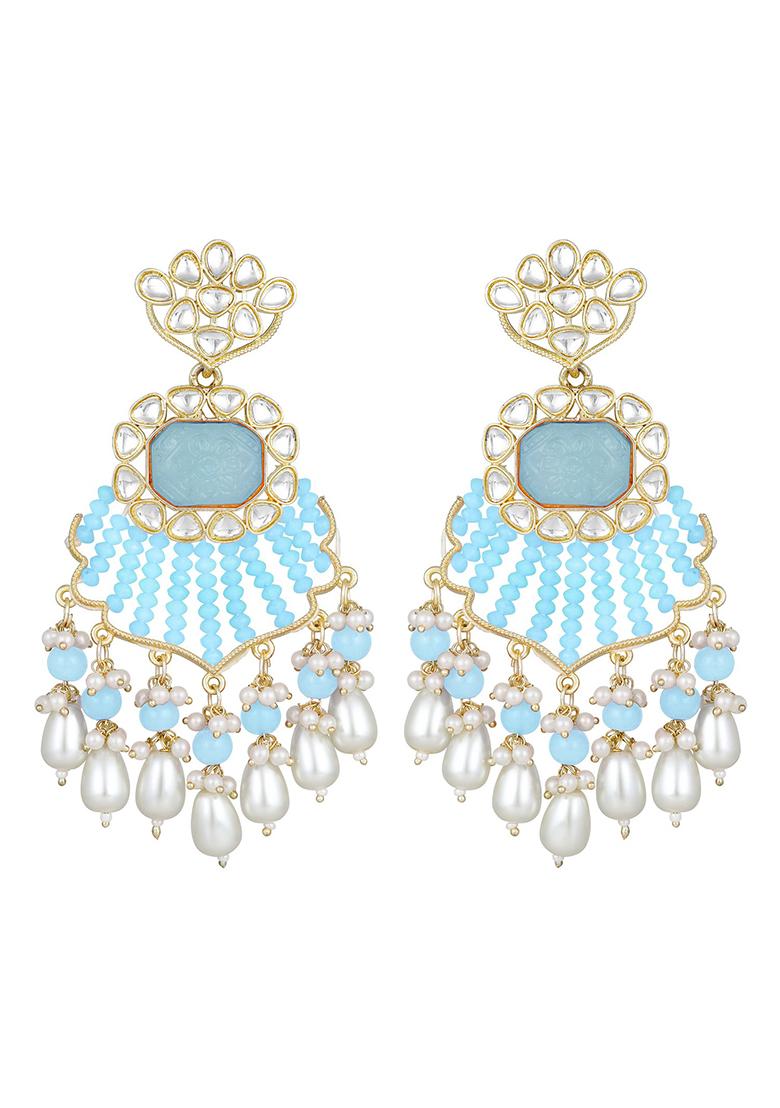 Blue Gold Plated Kundan Studded With Aqua Blue And White Bead Chandbali Earrings