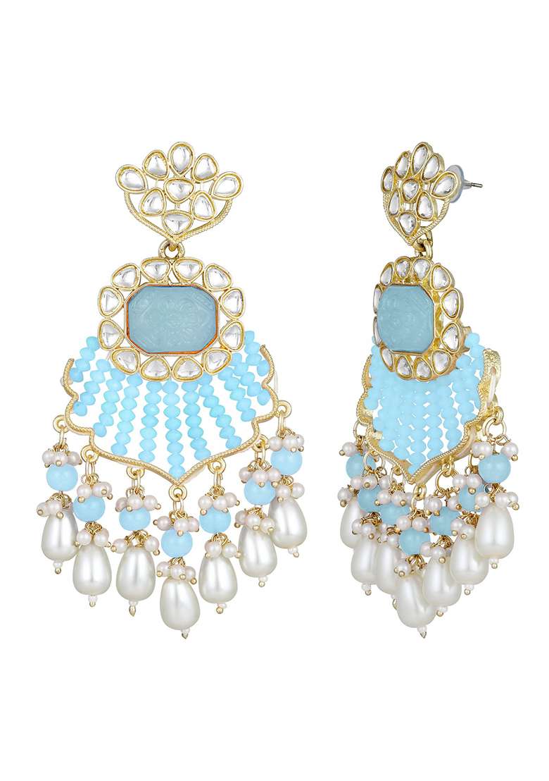 Blue Gold Plated Kundan Studded With Aqua Blue And White Bead Chandbali Earrings - Indya
