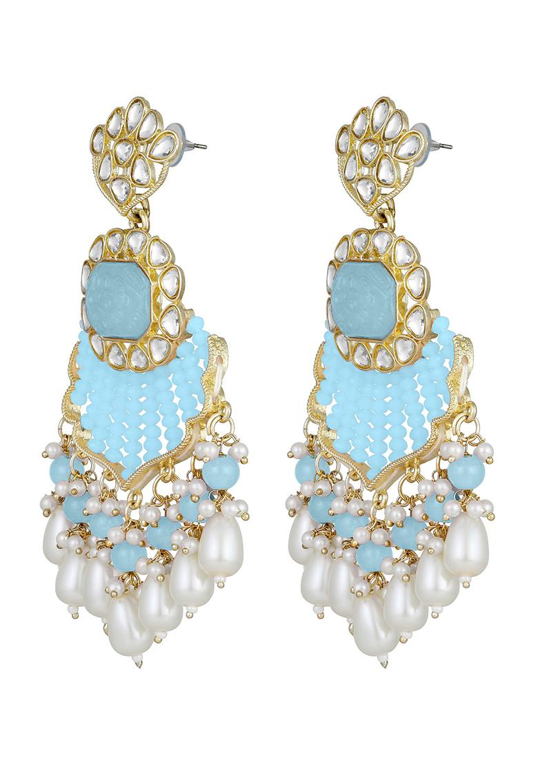 Blue Gold Plated Kundan Studded With Aqua Blue And White Bead Chandbali Earrings