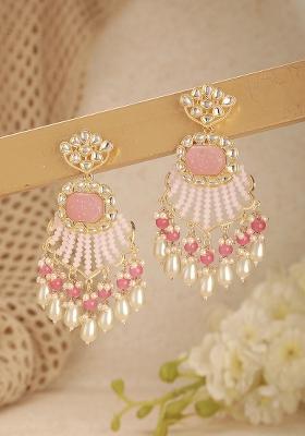 Pink Gold Plated Pink And Peach Stone Studded And Multistrand Pearl Beaded Drop Earrings