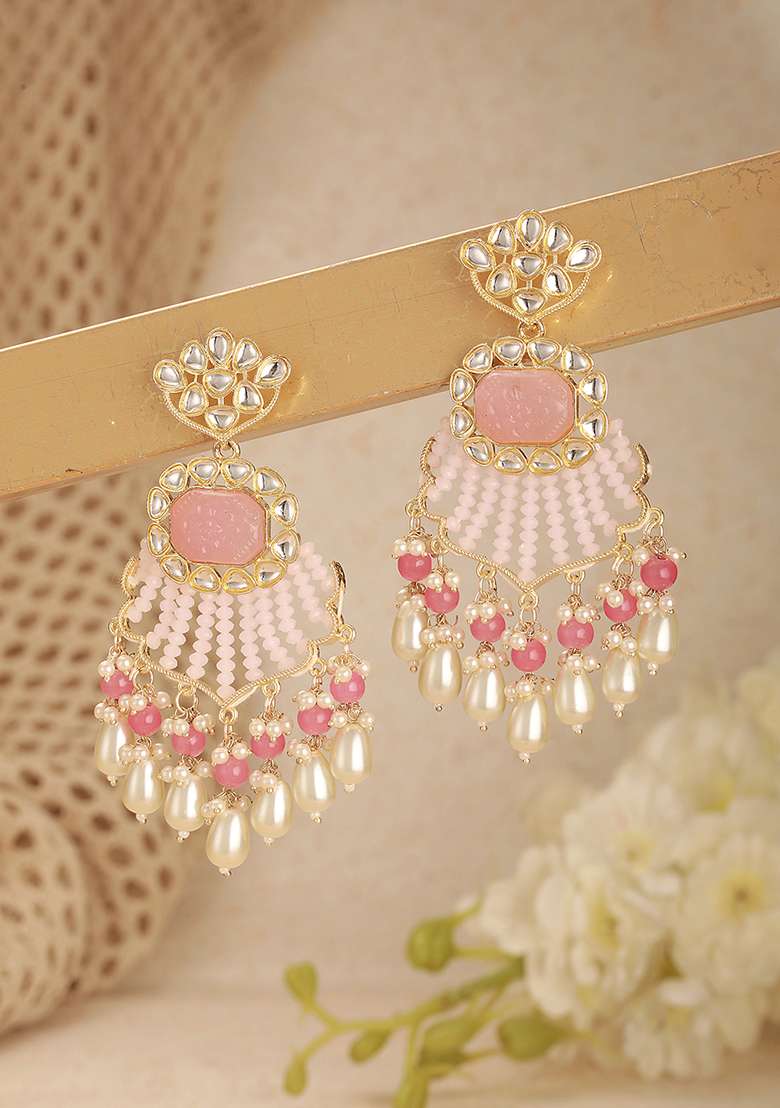 Pink Gold Plated Pink And Peach Stone Studded And Multistrand Pearl Beaded Drop Earrings - Indya