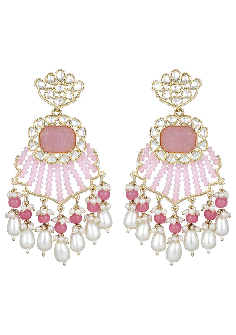 Pink Gold Plated Pink And Peach Stone Studded And Multistrand Pearl Beaded Drop Earrings