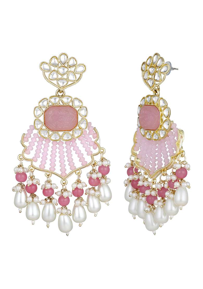 Pink Gold Plated Pink And Peach Stone Studded And Multistrand Pearl Beaded Drop Earrings - Indya