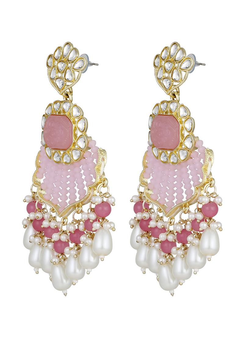 Pink Gold Plated Pink And Peach Stone Studded And Multistrand Pearl Beaded Drop Earrings