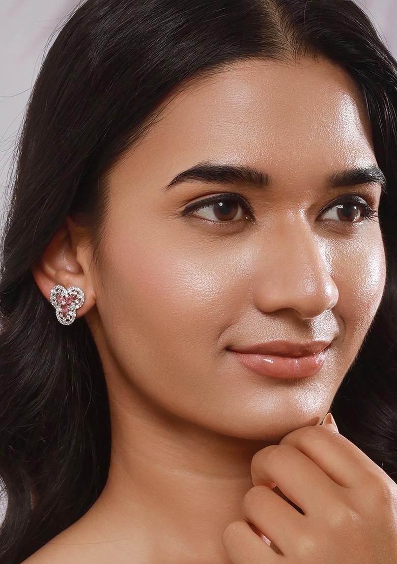 Silver Silver Plated American Diamond Studded Floral Studs