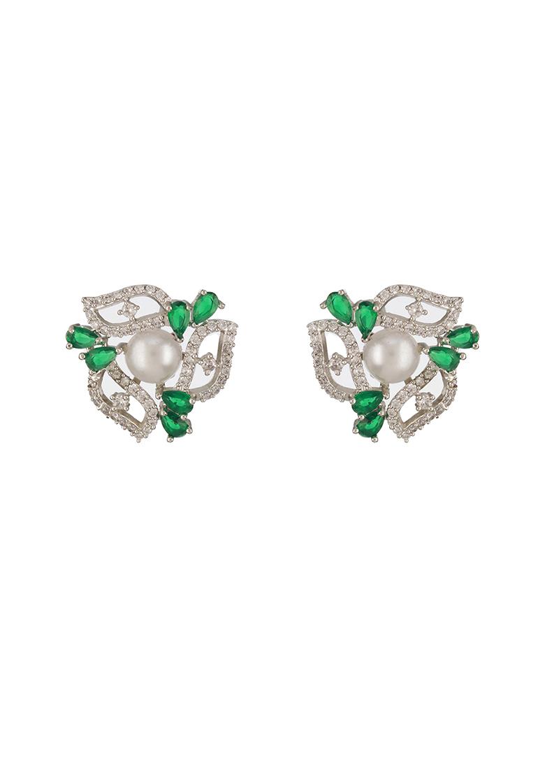 Silver Silver Plated American Diamond Studded Floral Studs
