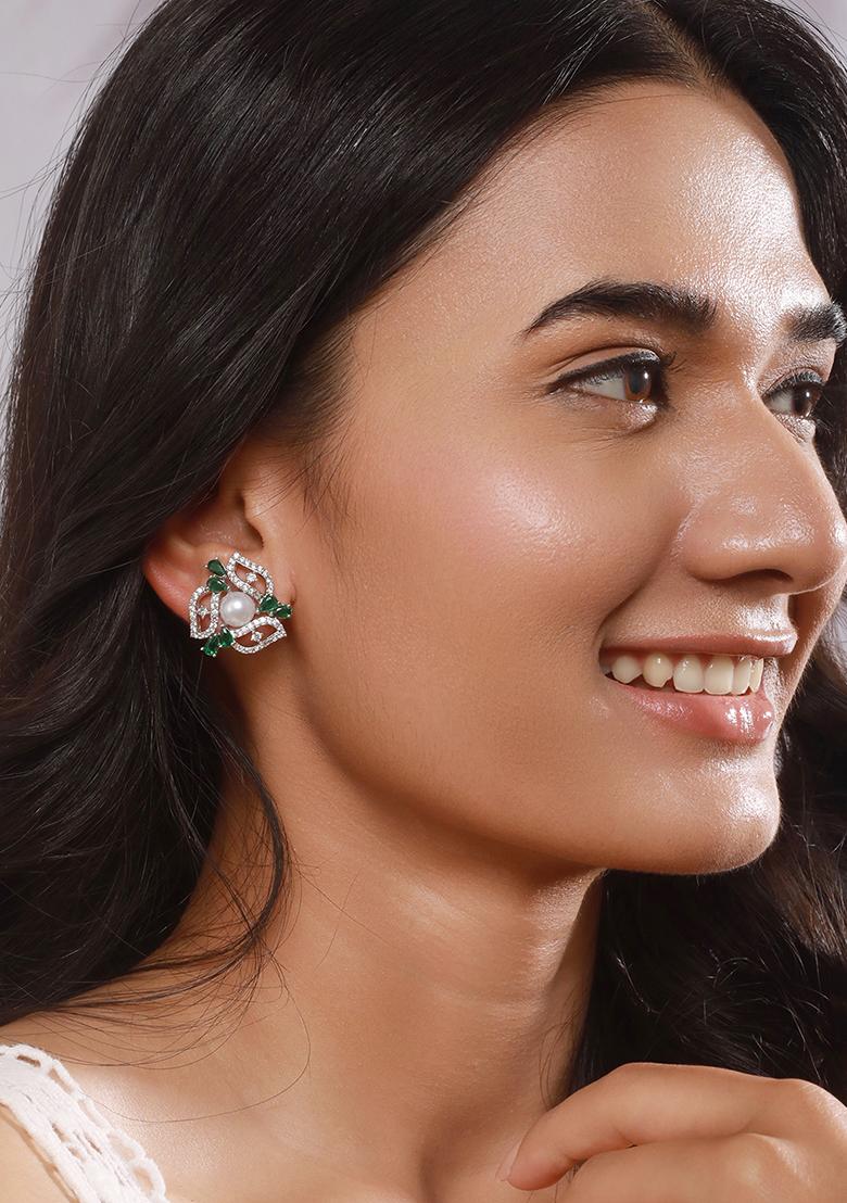 Silver Silver Plated American Diamond Studded Floral Studs