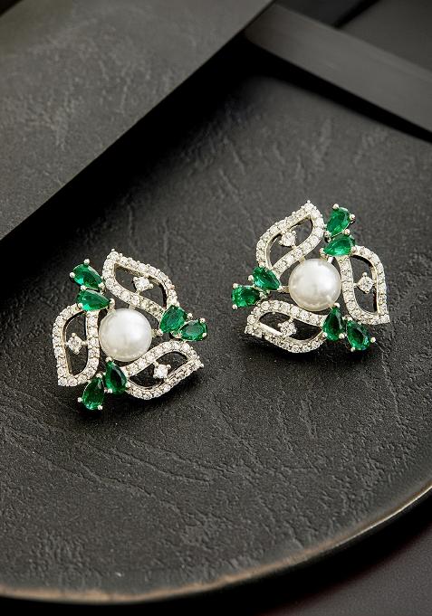 Silver Silver Plated American Diamond Studded Floral Studs