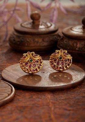 24Ct Gold Plated Ruby And American Diamond Peacock Shaped Temple Studs