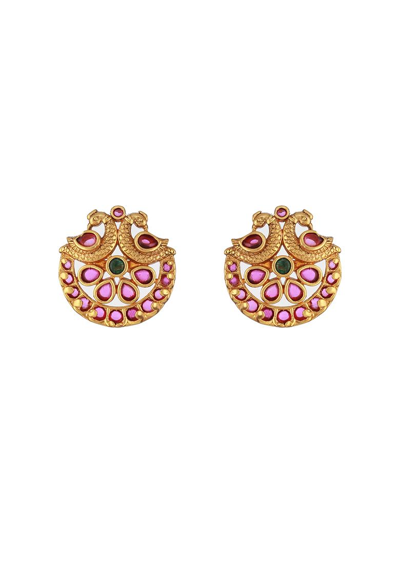24Ct Gold Plated Ruby And American Diamond Peacock Shaped Temple Studs