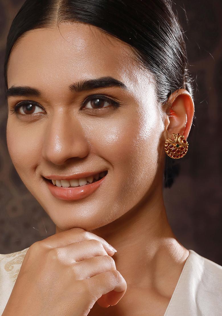 24Ct Gold Plated Ruby And American Diamond Peacock Shaped Temple Studs