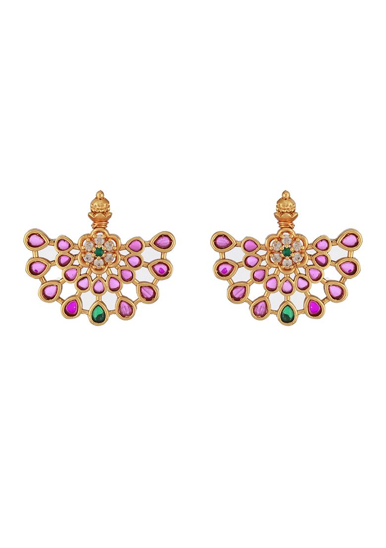 24Ct Gold Plated Ruby And American Diamond Crescent Shaped Temple Studs