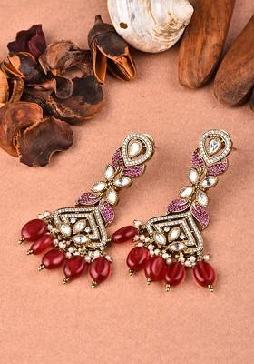 Red Gold Plated Gold Plated Contemporary Shaped Kundan Studded Drop Earrings