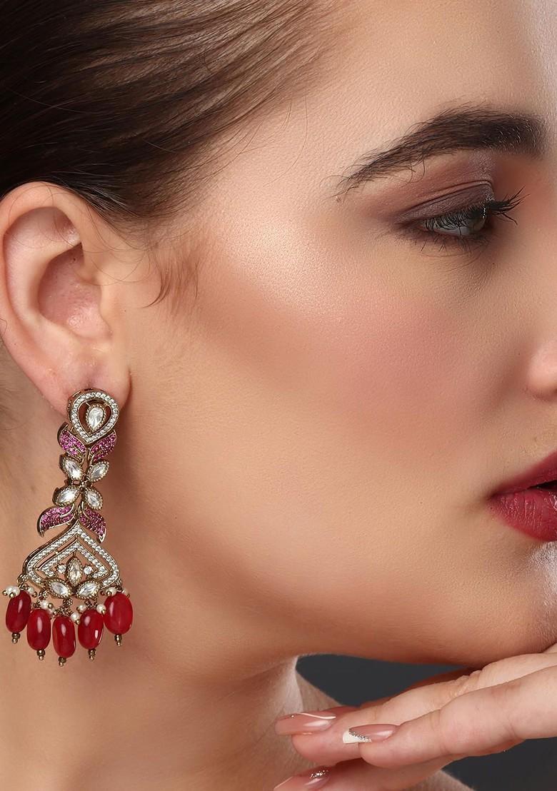Red Gold Plated Gold Plated Contemporary Shaped Kundan Studded Drop Earrings