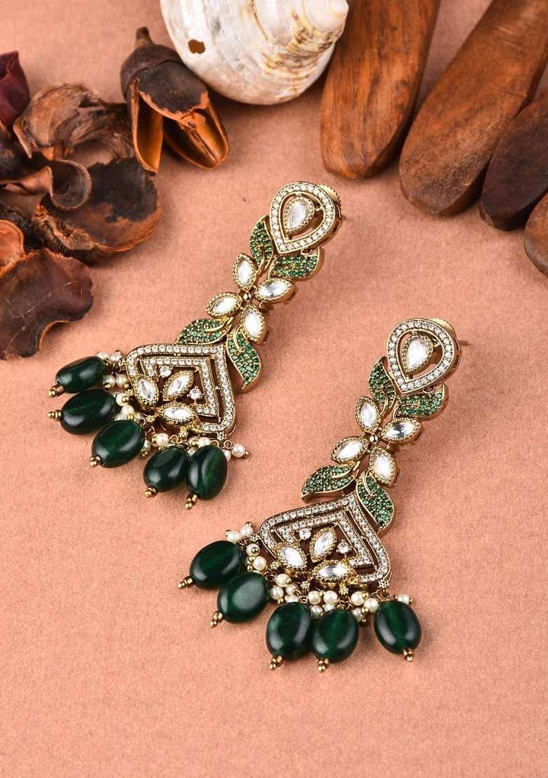 Gold Plated Kundanand Beaded Gulizaar Emerald Contemporary Shaped Drop Earrings - Indya