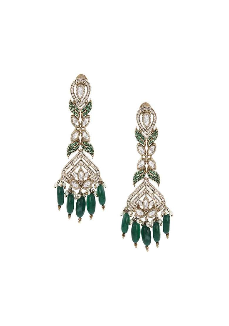 Gold Plated Kundanand Beaded Gulizaar Emerald Contemporary Shaped Drop Earrings - Indya