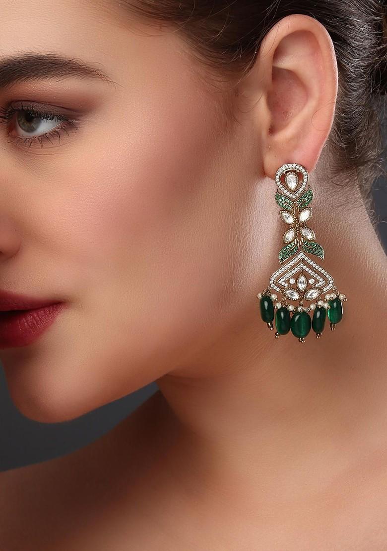 Gold Plated Kundanand Beaded Gulizaar Emerald Contemporary Shaped Drop Earrings