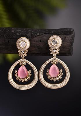 Gold Plated Kundan Studded Tear Drop Shaped Drop Earrings