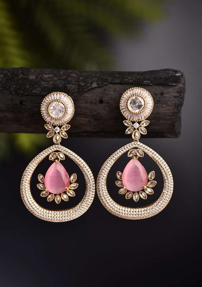 Gold Plated Kundan Studded Tear Drop Shaped Drop Earrings - Indya