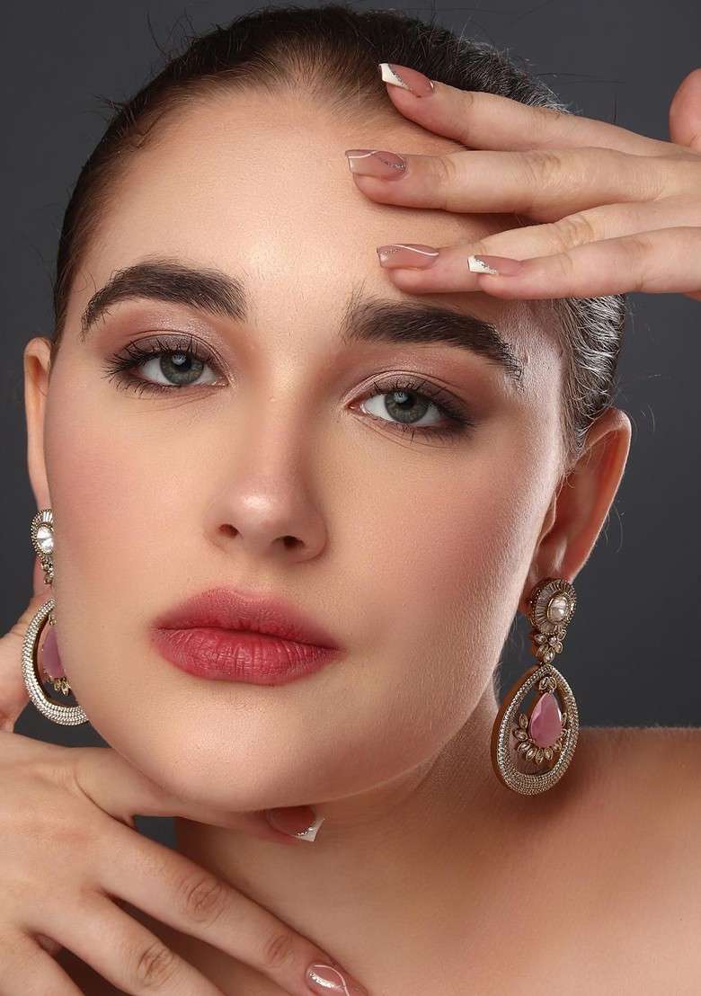 Gold Plated Kundan Studded Tear Drop Shaped Drop Earrings - Indya
