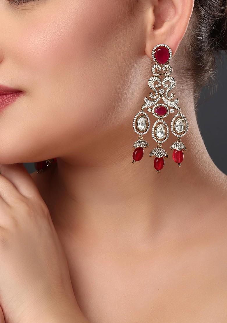 Red Gold Plated Gold Plated Kundan Studded Paisley Shaped Drop Earrings