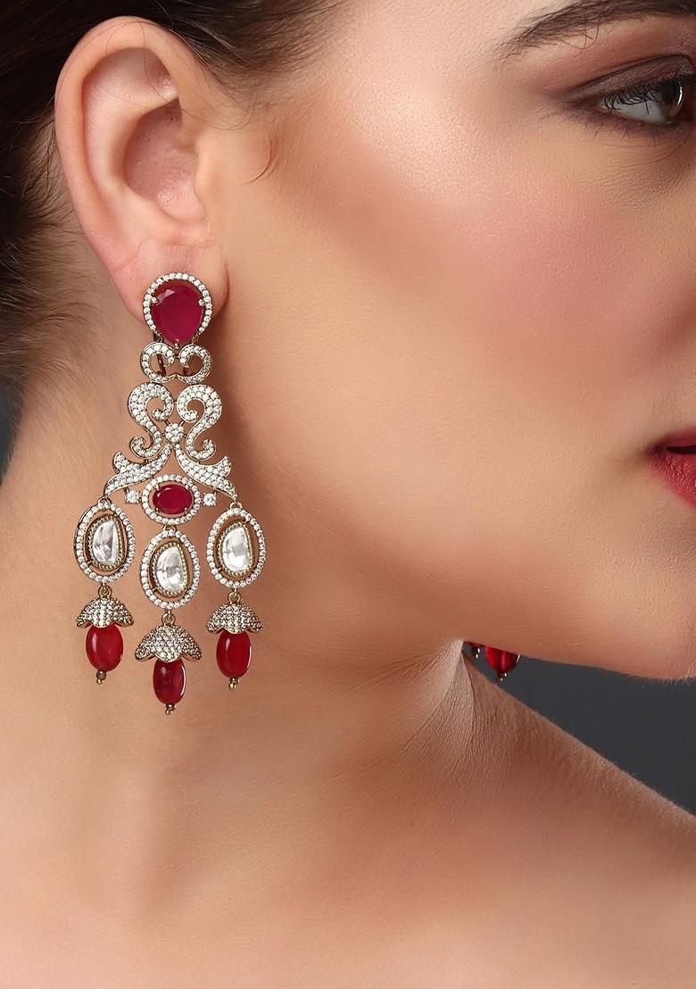 Red Gold Plated Gold Plated Kundan Studded Paisley Shaped Drop Earrings