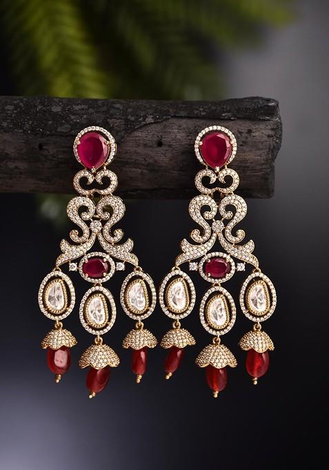 Red Gold Plated Gold Plated Kundan Studded Paisley Shaped Drop Earrings