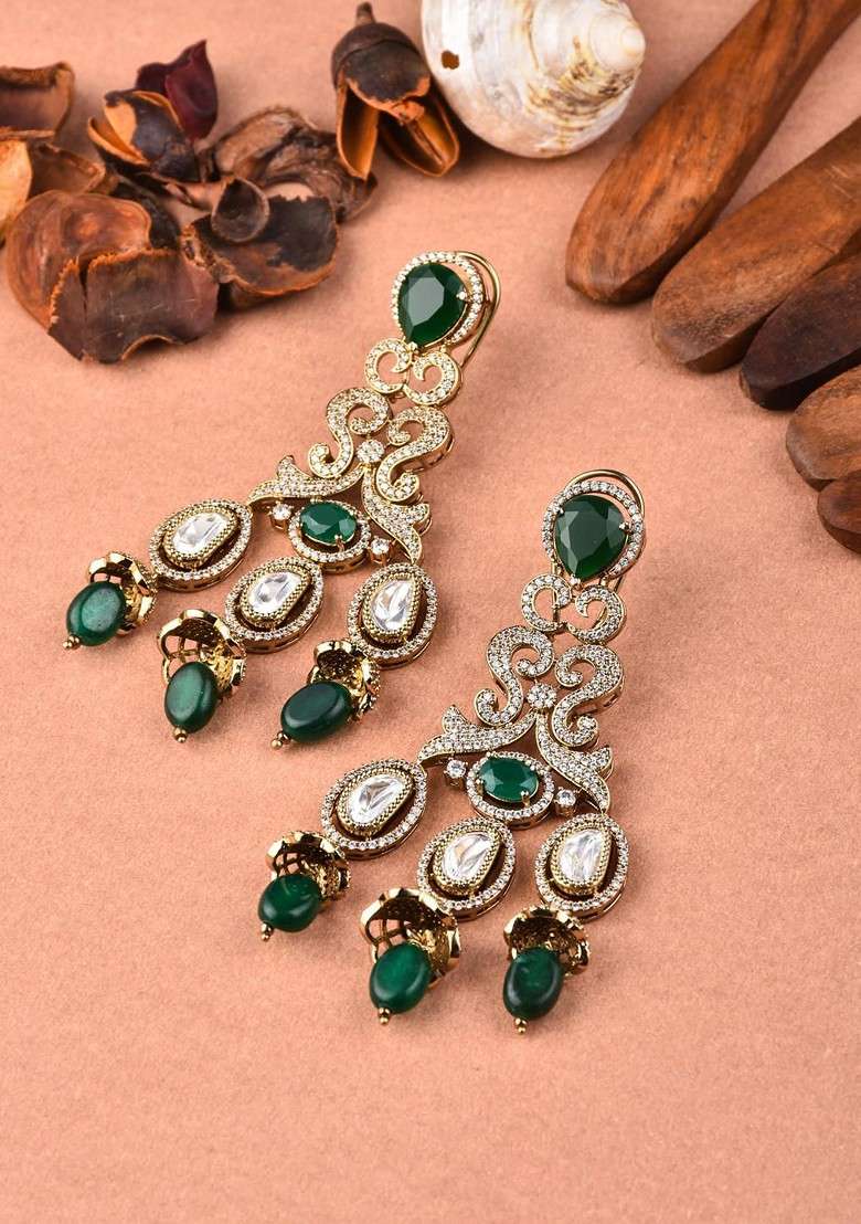 Gold Gold Plated Anouk Gold Plated Kundan Studded And Beaded Teardrop Shaped Drop Earrings - Indya