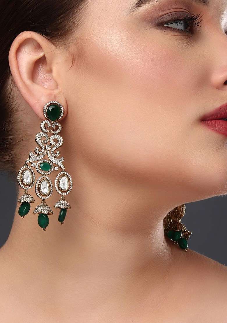 Gold Gold Plated Anouk Gold Plated Kundan Studded And Beaded Teardrop Shaped Drop Earrings - Indya