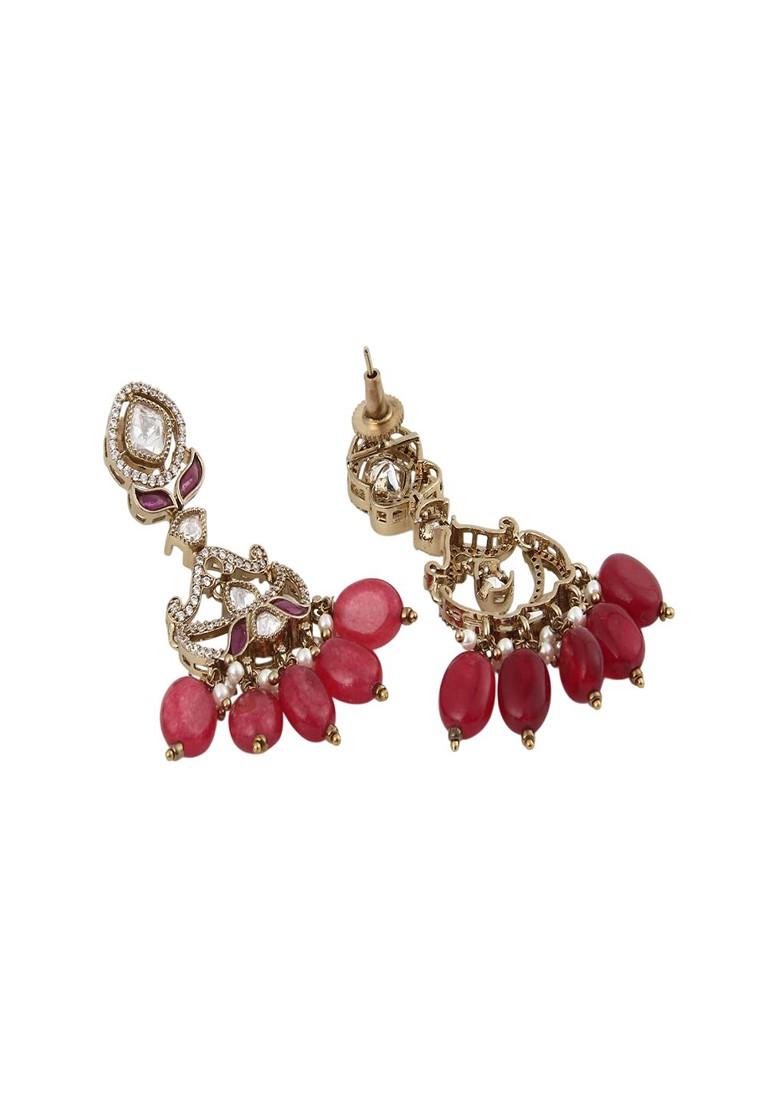 White Gold Plated Gold Plated Kundan Studdedand Beaded Crescent Shaped Gulizaar Drop Earrings