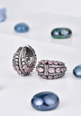 Silver Rhodium Plated Rhodium Plated Cubic Zirconia Studded Oval Shaped Hoop Earrings