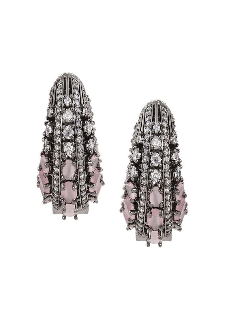 Silver Rhodium Plated Rhodium Plated Cubic Zirconia Studded Oval Shaped Hoop Earrings