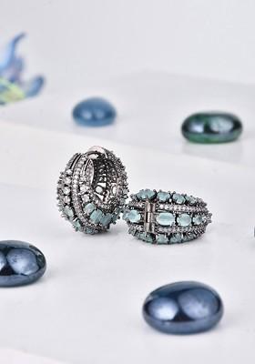 Sea Green Rhodium Plated Rhodium Plated Cubic Zirconia Studded Oval Shaped Hoop Earrings