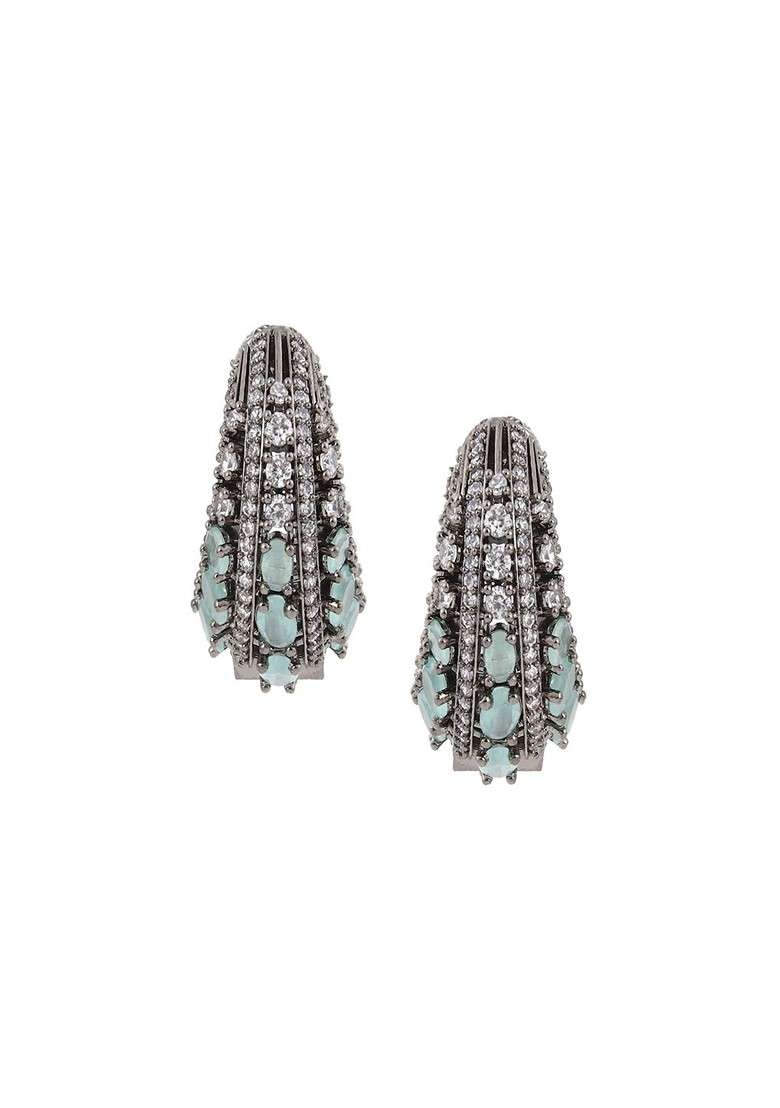 Sea Green Rhodium Plated Rhodium Plated Cubic Zirconia Studded Oval Shaped Hoop Earrings - Indya