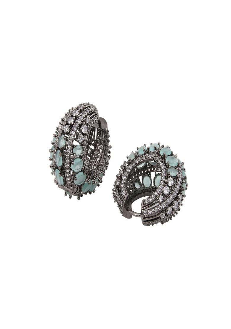 Sea Green Rhodium Plated Rhodium Plated Cubic Zirconia Studded Oval Shaped Hoop Earrings