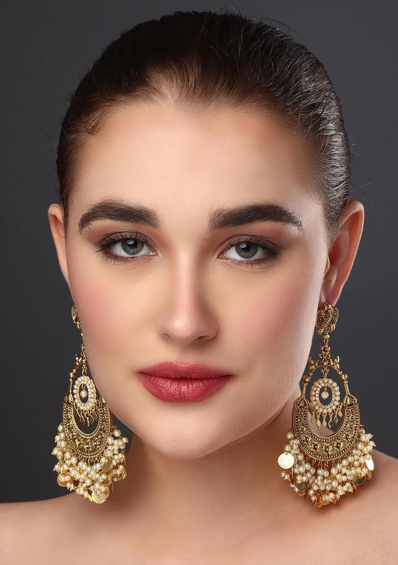 Gold Plated Beaded Crescent Shaped Chandbalis Earrings