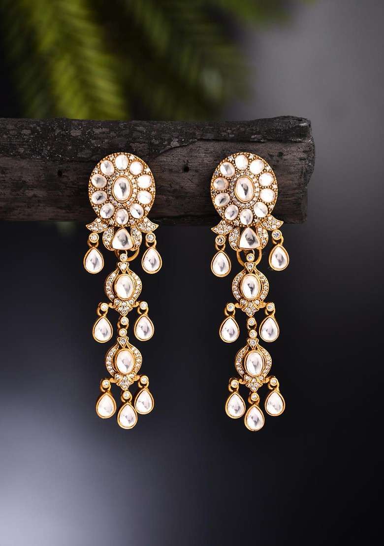 Gold Plated Kundan Studded Spherical Shaped Drop Earrings - Indya