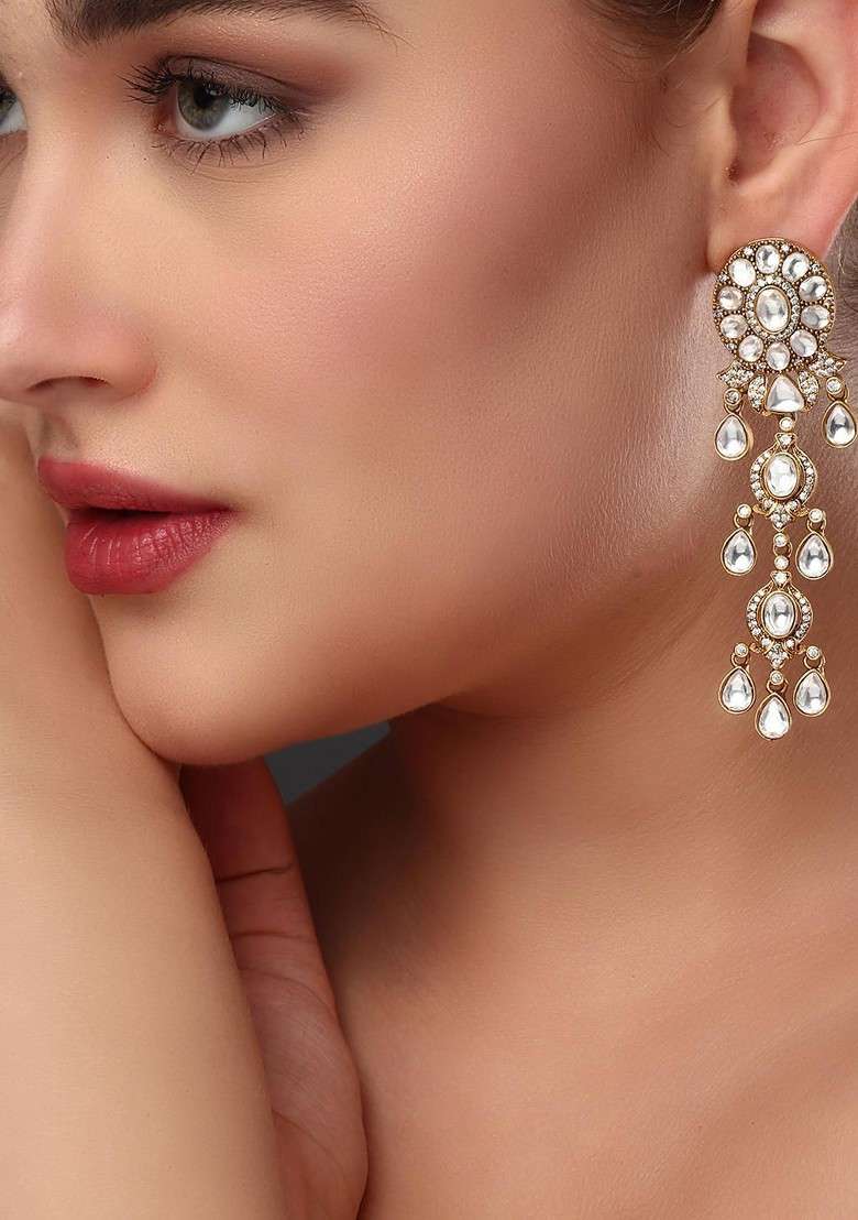 Gold Plated Kundan Studded Spherical Shaped Drop Earrings - Indya