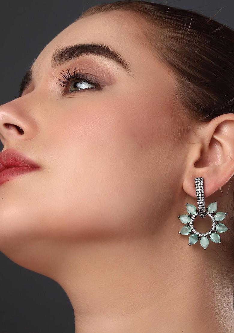 Teal Green Contemporary Leaf Shaped Drop Earrings
