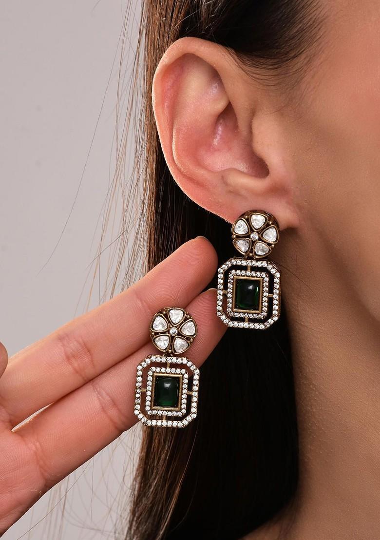 Green Contemporary Square Drop Earrings