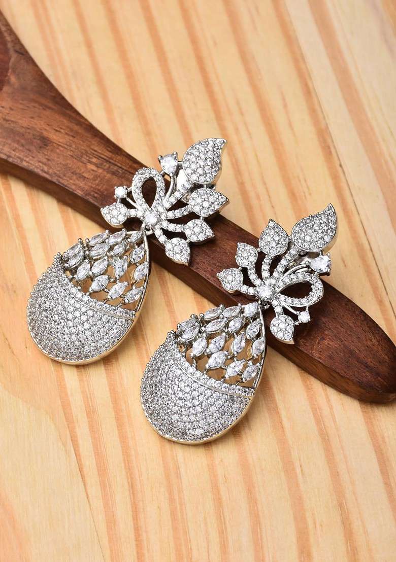 Silver Rhodium Plated Rhodium Plated Cz Studded Everlasting Diamond Leaf Shaped Drop Earrings - Indya