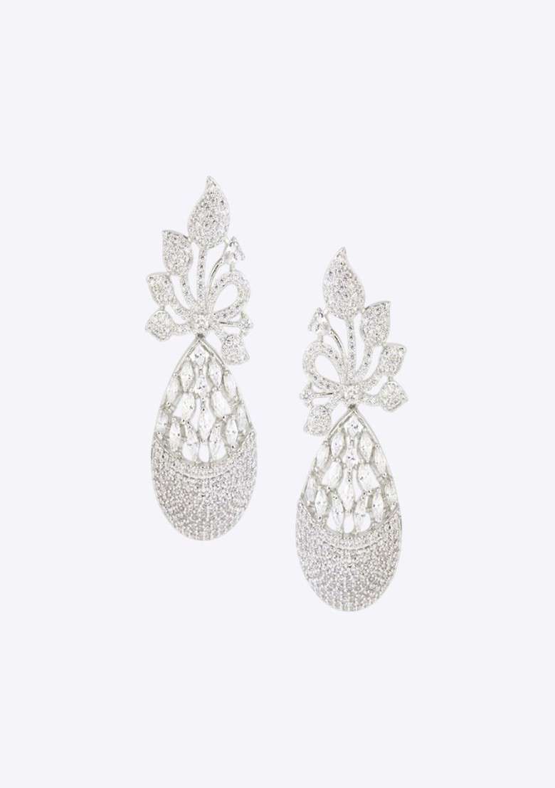 Silver Rhodium Plated Rhodium Plated Cz Studded Everlasting Diamond Leaf Shaped Drop Earrings - Indya