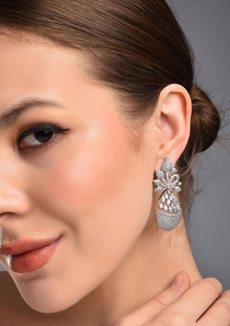 Silver Rhodium Plated Rhodium Plated Cz Studded Everlasting Diamond Leaf Shaped Drop Earrings