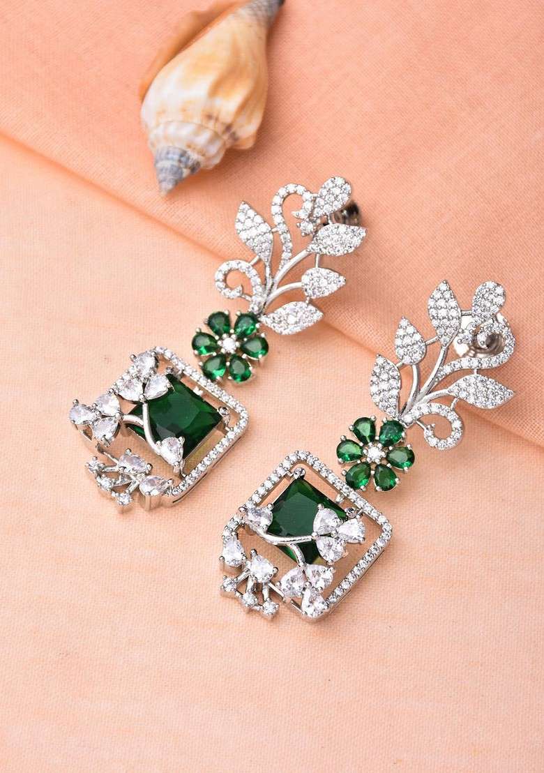 Silver Rhodium Plated Rhodium Plated Cubic Zirconia Leaf Shaped Drop Earrings - Indya