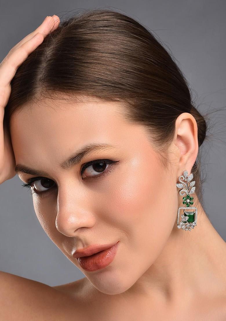 Silver Rhodium Plated Rhodium Plated Cubic Zirconia Leaf Shaped Drop Earrings