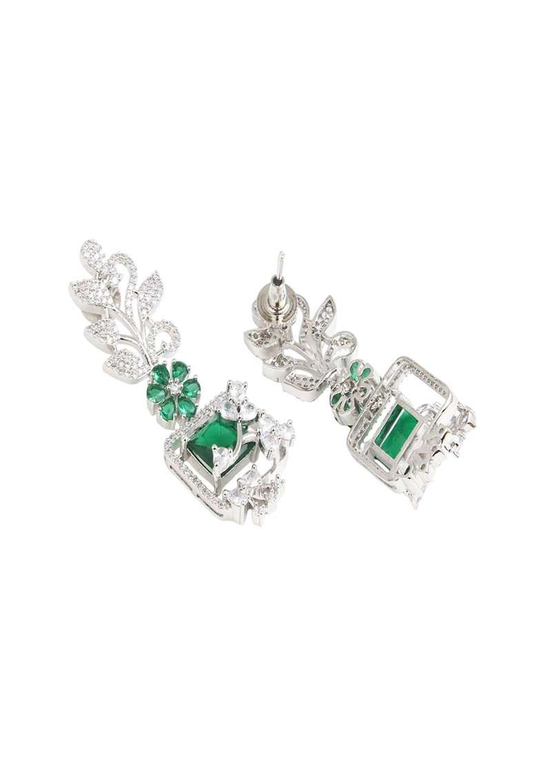 Silver Rhodium Plated Rhodium Plated Cubic Zirconia Leaf Shaped Drop Earrings - Indya
