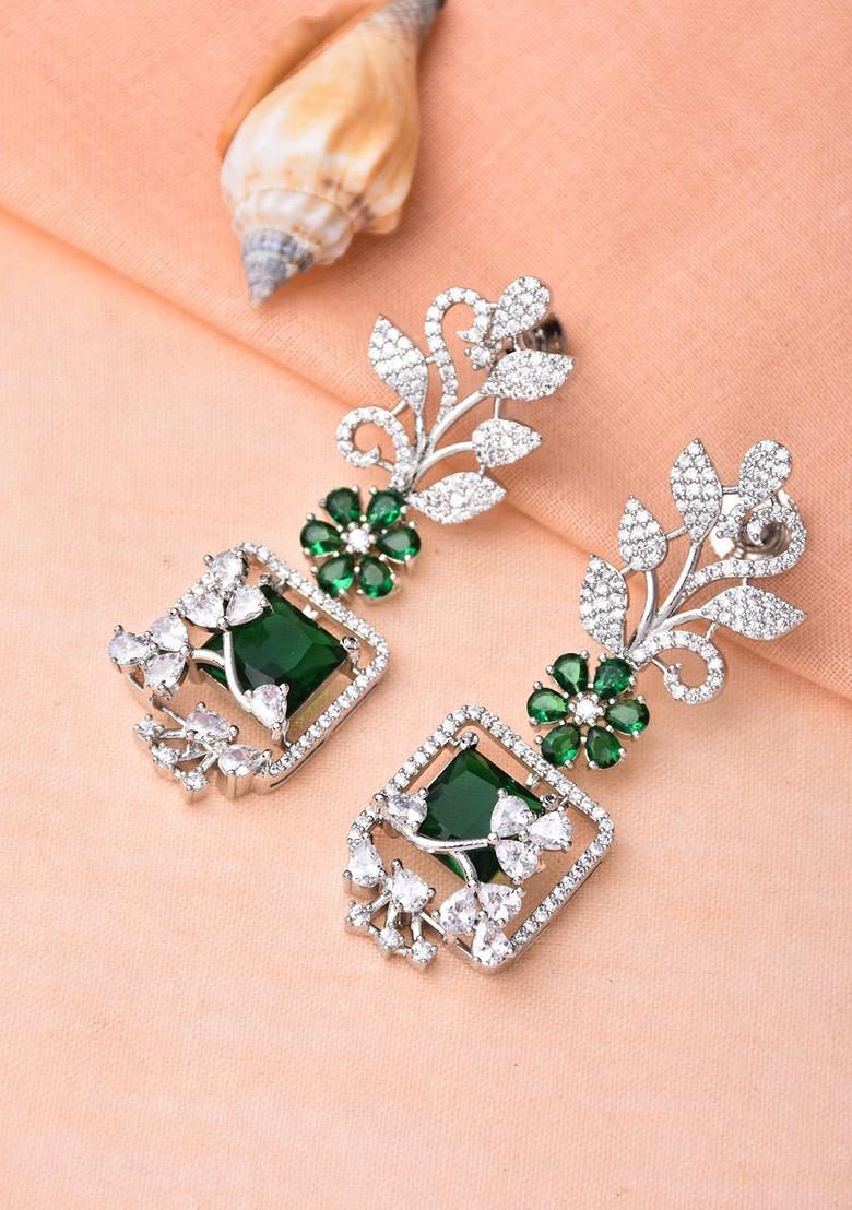 Silver Rhodium Plated Rhodium Plated Cubic Zirconia Leaf Shaped Drop Earrings