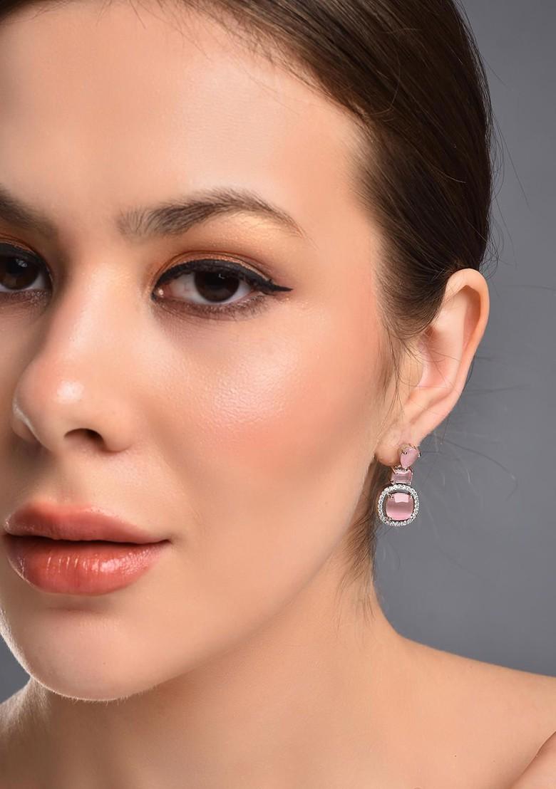 White Rhodium Plated Rhodium Plated Cubic Zirconia Studded Contemporary Shaped Drop Earrings