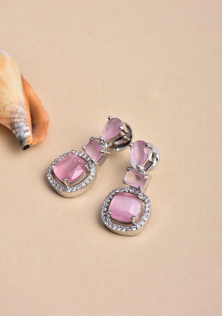 White Rhodium Plated Rhodium Plated Cubic Zirconia Studded Contemporary Shaped Drop Earrings