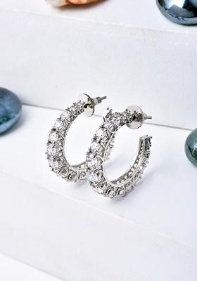 Silver Rhodium Plated Rhodium Plated Artificial Stones Studded Circular Shaped Half Hoop Earrings